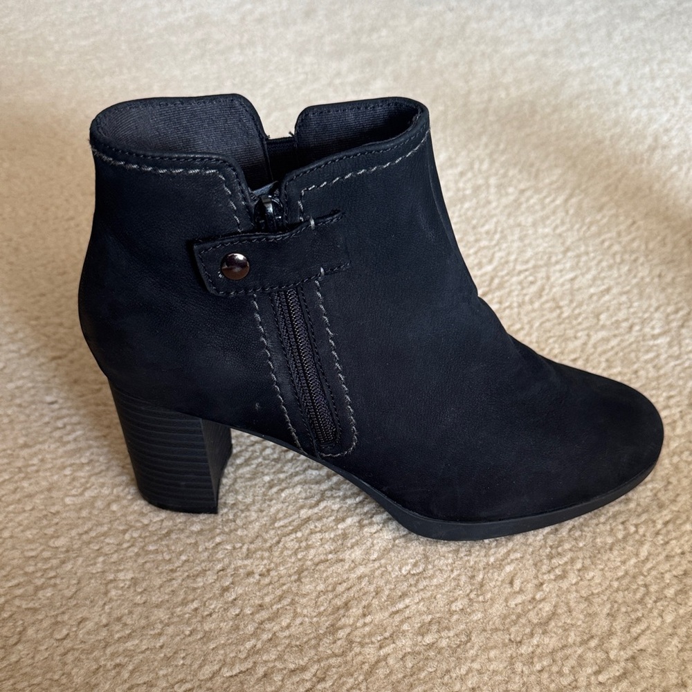 Clarks Black Suede Ankle Boot with Block Heel